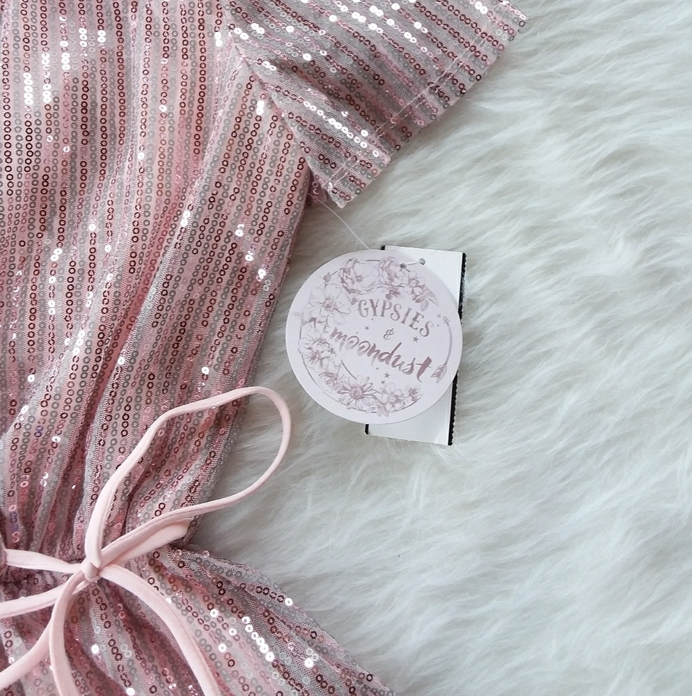 Sequined Top Waist Tie Peplum V Neck Pink - Picture 5 of 5